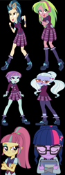 Size: 306x811 | Tagged: artist needed, safe, character:indigo zap, character:lemon zest, character:sour sweet, character:sugarcoat, character:sunny flare, character:twilight sparkle, character:twilight sparkle (scitwi), species:eqg human, my little pony:equestria girls, shadow six