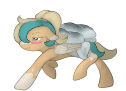 Size: 1525x1095 | Tagged: artist needed, safe, oc, oc only, species:pegasus, species:pony, annoyed, bedsheets, blushing, embarrassed, implied bedwetting, simple background, solo, transparent background, urine