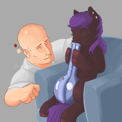 Size: 1836x1836 | Tagged: artist needed, safe, oc, oc only, oc:aurora jane, species:earth pony, species:pony, armchair, bong, drawthread, ear piercing, eyes closed, gray background, misleading thumbnail, mr. clean, piercing, simple background, sitting, smiling