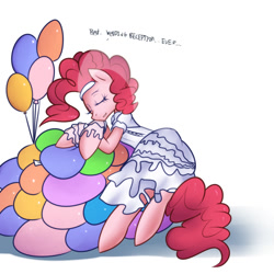 Size: 900x900 | Tagged: artist needed, dead source, safe, artist:slugbox, character:pinkie pie, balloon, balloon sitting, clothing, dress, eyes closed, leaning, simple background, solo, wedding dress