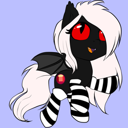 Size: 1818x1818 | Tagged: safe, artist:chaosangeldesu, oc, oc only, oc:midnight ruby, species:bat pony, species:pony, clothing, cute, fangs, female, filly, open mouth, raised hoof, red eyes, red sclera, simple background, socks, solo, spread wings, striped socks, wings, ych result