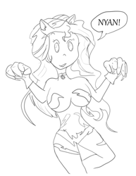 Size: 400x519 | Tagged: artist needed, source needed, safe, character:sunset shimmer, catgirl, clothing, cosplay, costume, darkstalkers, felicia, monochrome, nyanset shimmer, solo