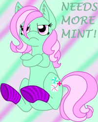 Size: 900x1117 | Tagged: artist needed, safe, character:minty, species:earth pony, species:pony, g3, abstract background, clothing, crossed hooves, female, frown, g3 to g4, generation leap, mare, sitting, socks, solo, striped socks, unamused