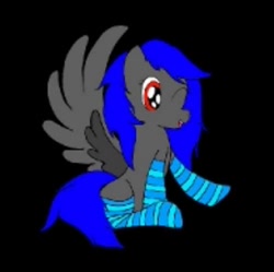 Size: 500x498 | Tagged: artist needed, source needed, safe, oc, oc only, oc:dream wish, species:pegasus, species:pony, black background, blue, bold and brash, clothing, ear, edgy, female, gray, hair, mane, mare, muzzle, needs more jpeg, no you, one eye closed, open mouth, raised hoof, red, simple background, socks, solo, spread wings, striped socks, tail, wings, wink