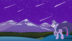 Size: 3840x2160 | Tagged: artist needed, safe, character:twilight sparkle, bush, forest, hill, meteor shower, mountain, night, night sky, pine tree, raised hoof, solo, stargazing, stars, tree, vector