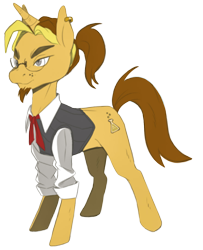 Size: 878x1080 | Tagged: artist needed, safe, oc, oc only, oc:golden flask, species:pony, species:unicorn, derpibooru community collaboration, 2017 community collab, ascot, beard, clothing, ear piercing, earring, facial hair, glasses, jewelry, male, piercing, ponytail, simple background, solo, transparent background, vest