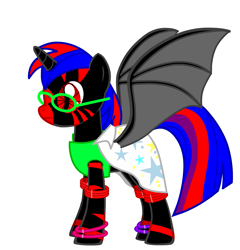 Size: 1761x1833 | Tagged: artist needed, safe, oc, oc only, species:alicorn, species:bat pony, species:pony, alicorn oc, bat pony alicorn, clothing, donut steel, glasses, pony creator, red and black oc, solo