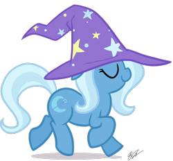 Size: 842x781 | Tagged: artist needed, safe, character:trixie, species:pony, species:unicorn, clothing, cute, eyes closed, female, filly, foal, hat, smiling, solo, walking