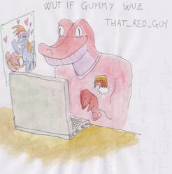Size: 814x826 | Tagged: artist needed, source needed, safe, character:gummy, character:rainbow dash, computer, exploitable meme, laptop computer, meme, that red guy, watercolor painting, wut if gummy wuz a meme