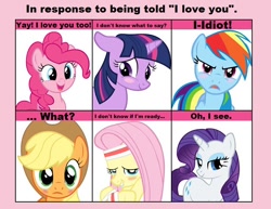 Size: 716x552 | Tagged: dead source, safe, artist:darkfalcon2456, character:applejack, character:fluttershy, character:pinkie pie, character:rainbow dash, character:rarity, character:twilight sparkle, 6 pony meme, baka, bedroom eyes, blushing, cute, exploitable meme, floppy ears, frown, glare, grin, headband, looking at you, looking away, love, mane six, meme, open mouth, parody, smiling, tsunderainbow, tsundere, wide eyes