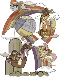 Size: 500x638 | Tagged: safe, artist:yoditax, character:applejack, character:fluttershy, character:rainbow dash, character:twilight sparkle, artificial wings, augmented, clothing, goggles, hat, hot air balloon, implied amputation, mechanical wing, monocle, rainbow, steampunk, top hat, wings