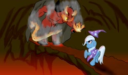 Size: 1700x1000 | Tagged: safe, artist:rubrony, character:trixie, species:pony, species:unicorn, action, balrog, bridge, clothing, crossover, duo, female, fire, hat, lord of the rings, mare, monster, robe, scared, trixie's cape, trixie's hat