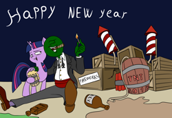 Size: 1500x1024 | Tagged: safe, artist:anontheanon, character:twilight sparkle, character:twilight sparkle (alicorn), oc, oc:anon, species:alicorn, species:human, species:pony, 2017, alcohol, antifreeze, arm around neck, booze, bow tie, cigar, clothing, colored, dark comedy, drunk, drunk twilight, dynamite, explosives, fireworks, happy new year, happy new year 2017, moonshine, mug, open mouth, sitting, smiling, this can only end well, this will end in explosions, this will end in tears, tnt, tnt barrel, too dumb to live, tuxedo, what could possibly go wrong