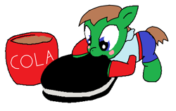 Size: 1288x812 | Tagged: artist needed, safe, artist:kuraton, oc, oc only, oc:ian, species:earth pony, species:pony, 1000 hours in ms paint, blushing, clothing, coca-cola, colt, cookie, eating, food, jacket, male, micro, ms paint, nom, oreo, overalls, recolor, simple background, soda, solo, trace, white background