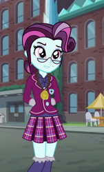 Size: 2792x4624 | Tagged: artist needed, safe, derpibooru original, part of a set, character:principal abacus cinch, my little pony:equestria girls, abacus cinch through the years, absurd resolution, arm behind back, cinchabetes, clothing, crystal prep academy, crystal prep academy uniform, crystal prep shadowbolts, cute, glasses, medal, pleated skirt, school uniform, skirt, smiling, socks, solo, when she smiles, younger, younger cinch