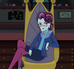 Size: 2504x2328 | Tagged: artist needed, safe, character:principal abacus cinch, equestria girls:friendship games, g4, my little pony:equestria girls, beauty mark, clothing, cougar, crossed legs, ear piercing, earring, female, glasses, jewelry, legs, lidded eyes, lipstick, looking at you, makeup, piercing, scheming, sexy, sitting, smiling, solo, stupid sexy cinch
