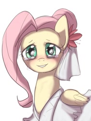 Size: 550x733 | Tagged: artist needed, safe, character:fluttershy, species:pegasus, species:pony, alternate hairstyle, blushing, clothing, crying, dress, female, happy, mare, simple background, solo, tears of joy, teary eyes, wedding dress, white background