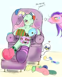 Size: 542x669 | Tagged: artist needed, safe, character:kimono, character:minty, species:duck, g3, angry, chair, clothing, dialogue, heart, oh minty minty minty, red face, socks, striped socks