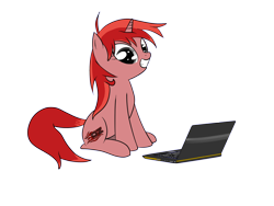 Size: 1600x1200 | Tagged: artist needed, safe, oc, oc only, species:pony, species:unicorn, computer, dz, female, foros dz, laptop computer, mare, ponified, simple background, sitting, solo, transparent background