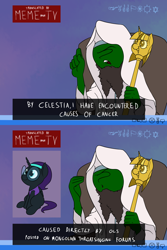 Size: 1280x1920 | Tagged: safe, artist:anontheanon, oc, oc only, oc:anon, oc:nyx, species:alicorn, species:human, species:pony, beard, chair, clothing, dialogue, facial hair, memri tv, nyx hate, open mouth, parody, scepter, sitting, subtitles, twilight scepter, vulgar, wingdings