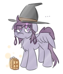 Size: 1532x1809 | Tagged: artist needed, safe, oc, oc only, oc:vee ness, species:pegasus, species:pony, a foal's adventure, clothing, colt quest, crossover, female, floppy ears, hat, lantern, mare, solo, wings, witch, witch hat