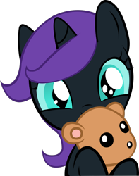 Size: 1824x2319 | Tagged: artist needed, safe, oc, oc only, oc:nyx, species:alicorn, species:pony, alicorn oc, cute, holding, hug, looking at you, nyxabetes, simple background, solo, teddy bear, transparent background