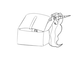 Size: 1181x944 | Tagged: artist needed, source needed, safe, character:princess celestia, box, lineart, solo, toy box