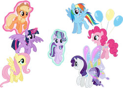 Size: 1055x757 | Tagged: safe, artist:osipush, character:applejack, character:fluttershy, character:pinkie pie, character:rainbow dash, character:rarity, character:starlight glimmer, character:twilight sparkle, character:twilight sparkle (alicorn), species:alicorn, species:earth pony, species:pegasus, species:pony, species:unicorn, balloon, floating, flying, glimmer wings, levitation, looking at you, magic, mane six, self-levitation, simple background, smiling, spread wings, telekinesis, then watch her balloons lift her up to the sky, transparent background, underhoof, vector, wings