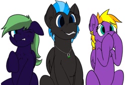 Size: 712x484 | Tagged: artist needed, safe, artist:wcnimbus, edit, oc, oc only, oc:evening, oc:middy, oc:nimbus, species:pegasus, species:pony, chest fluff, color edit, colored, ear piercing, earring, female, floppy ears, jewelry, male, mare, necklace, piercing, reaction, sitting, stallion, trio