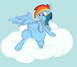 Size: 750x660 | Tagged: artist needed, safe, character:rainbow dash, species:pegasus, species:pony, cloud, fat, female, mare, on back, rainblob dash, solo