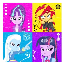 Size: 1080x1080 | Tagged: artist needed, safe, character:starlight glimmer, character:sunset shimmer, character:trixie, character:twilight sparkle, my little pony:equestria girls, clothing, counterparts, equestria girls-ified, instagram, magical quartet, smug, smuglight glimmer, twilight's counterparts