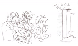 Size: 1996x1186 | Tagged: artist needed, source needed, safe, character:applejack, character:pinkie pie, character:rainbow dash, character:rarity, species:earth pony, species:pegasus, species:pony, species:unicorn, couch, hokuto no ken, pencil drawing, sketch, television, traditional art
