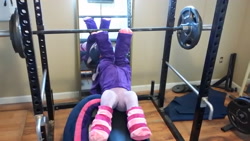 Size: 3264x1836 | Tagged: artist needed, safe, character:twilight sparkle, barbell, clothing, do you even lift, female, gym, irl, meme, on back, photo, plushie, socks, solo, striped socks, sweater