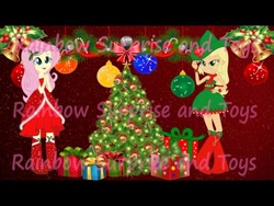 Size: 480x360 | Tagged: artist needed, safe, character:applejack, character:fluttershy, my little pony:equestria girls, bell, boots, candy, candy cane, christmas, christmas tree, clothing, cowboy boots, cute, food, high heel boots, holly, ornament, present, scarf, sparkles, tree