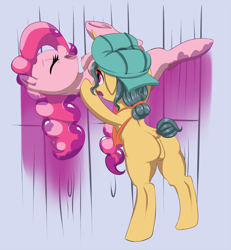 Size: 868x938 | Tagged: artist needed, safe, character:fresh coat, character:pinkie pie, species:pony, apron, backwards ballcap, baseball cap, cap, clothing, drawthread, eyes closed, featureless crotch, floppy ears, hat, open mouth, painting, pun, smiling
