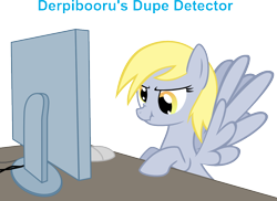 Size: 1000x728 | Tagged: artist needed, safe, character:derpy hooves, species:pegasus, species:pony, derpibooru, derpibooru ponified, caption, computer, computer mouse, derpy hooves tech support, desk, dupe detector, english, female, funny, humor, mare, meta, ponified, screen, scrunchy face, simple background, solo, spread wings, support, table, tech support, transparent background, wings