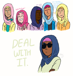 Size: 1253x1303 | Tagged: artist needed, safe, character:applejack, character:fluttershy, character:pinkie pie, character:rainbow dash, character:rarity, character:twilight sparkle, deal with it, hijab, humanized, islam, islamashy, mane six, sunglasses