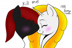 Size: 1800x1200 | Tagged: artist needed, source needed, safe, base used, oc, oc only, oc:ashlee, oc:phenioxflame, species:earth pony, species:pony, species:unicorn, blushing, competition, kissing, red and black oc