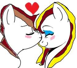 Size: 953x838 | Tagged: artist needed, source needed, safe, base used, oc, oc only, oc:braydenjelly, oc:jessicabailey, species:earth pony, species:pony, blushing, heart, kissing