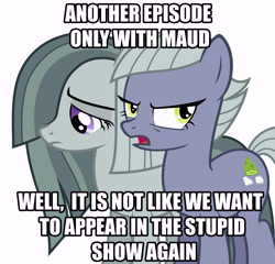 Size: 5835x5591 | Tagged: artist needed, source needed, safe, character:limestone pie, character:marble pie, character:maud pie, species:earth pony, species:pony, absurd resolution, hilarious in hindsight, image macro, limetsun pie, meme, sad, simple background, tsundere, upset