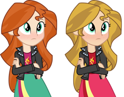 Size: 2400x1869 | Tagged: artist needed, safe, edit, character:sunset shimmer, my little pony:equestria girls, arms folded, blonde, blonde hair, clone, clothing, crossed arms, female, freckles, ginger, human coloration, realism edits, recolor, redhead, simple background, solo, sunset ginger, transparent background, vector, vector edit
