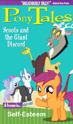 Size: 483x820 | Tagged: artist needed, safe, edit, character:discord, character:scootaloo, species:draconequus, species:pegasus, species:pony, species:unicorn, series:pony tales, crossover, female, filly, male, mare, parody, stallion, veggietales