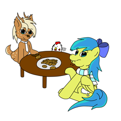 Size: 2500x2500 | Tagged: artist needed, safe, oc, oc only, oc:annapone, oc:deeraw, species:chicken, species:deer, species:pegasus, species:pony, bow, clothing, cookie, eating, food, necktie, scarf, simple background, sitting, table, white background