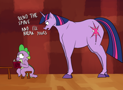 Size: 1500x1100 | Tagged: safe, artist:anontheanon, edit, character:spike, character:twilight sparkle, species:dragon, species:pony, species:unicorn, angry, book, bookhorse, colored hooves, dialogue, female, horse, lip bite, male, mare, scared, size difference, small head, stool, sweat, table, that pony sure does love books, threat, wingless, wingless edit