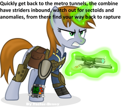 Size: 4409x3882 | Tagged: artist needed, source needed, safe, edit, oc, oc only, oc:littlepip, species:pony, species:unicorn, fallout equestria, absurd resolution, bioshock, clothing, combine, fanfic, fanfic art, female, glowing horn, grammar error, gun, half-life, half-life 2, handgun, horn, little macintosh, magic, mare, metro 2033, pipbuck, ready for action, revolver, s.t.a.l.k.e.r., scope, scoped revolver, serious, serious face, sexy, simple background, solo, text, vault suit, weapon, white background, x-com, xcom 2