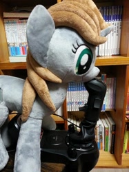 Size: 637x850 | Tagged: artist needed, safe, oc, oc only, oc:littlepip, species:pony, species:unicorn, fallout equestria, controller, fanfic, female, irl, joystick, mare, misleading thumbnail, photo, plushie, solo