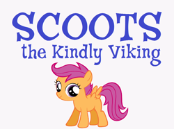 Size: 1178x876 | Tagged: artist needed, source needed, safe, edit, character:scootaloo, species:pegasus, species:pony, female, filly, logo parody, looking at you, simple background, smiling, teaser, veggietales