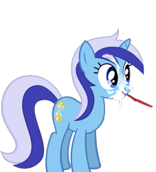 Size: 575x632 | Tagged: artist needed, source needed, safe, edit, character:minuette, species:pony, species:unicorn, g4, brush, female, mare, messy, paint.net, simple background, solo, toothbrush, toothpaste, transparent background