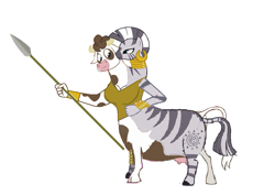 Size: 1321x935 | Tagged: artist needed, source needed, useless source url, safe, artist:theunknowenone1, character:daisy, character:daisy jo, character:zecora, species:anthro, species:centaur, species:cow, species:zebra, conjoined, cowbra, multiple heads, two heads, udder, warrior, zebrow