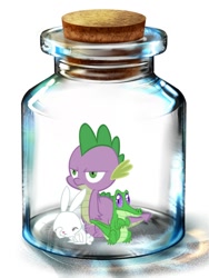 Size: 600x800 | Tagged: artist needed, safe, character:angel bunny, character:gummy, character:spike, species:dragon, bottle, gummy doesn't give a fuck, male, pony in a bottle, unamused